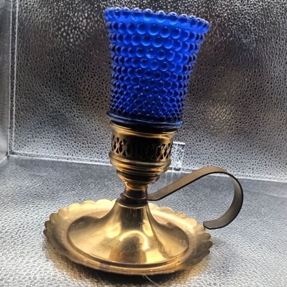 Pair of Vintage Brass Candlestick Holders & Blue Hobnail Glass Hurricane Shades - Picture 5 of 12